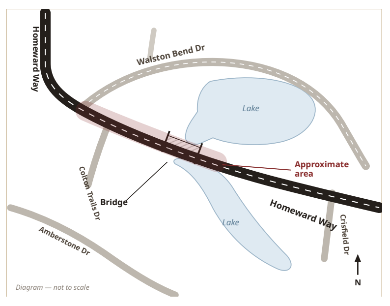 Flyer map highlighting the approximate stretch of Homeward Way near Colton Trails Drive, the bridge and lakes, with Walston Bend Drive to the north.